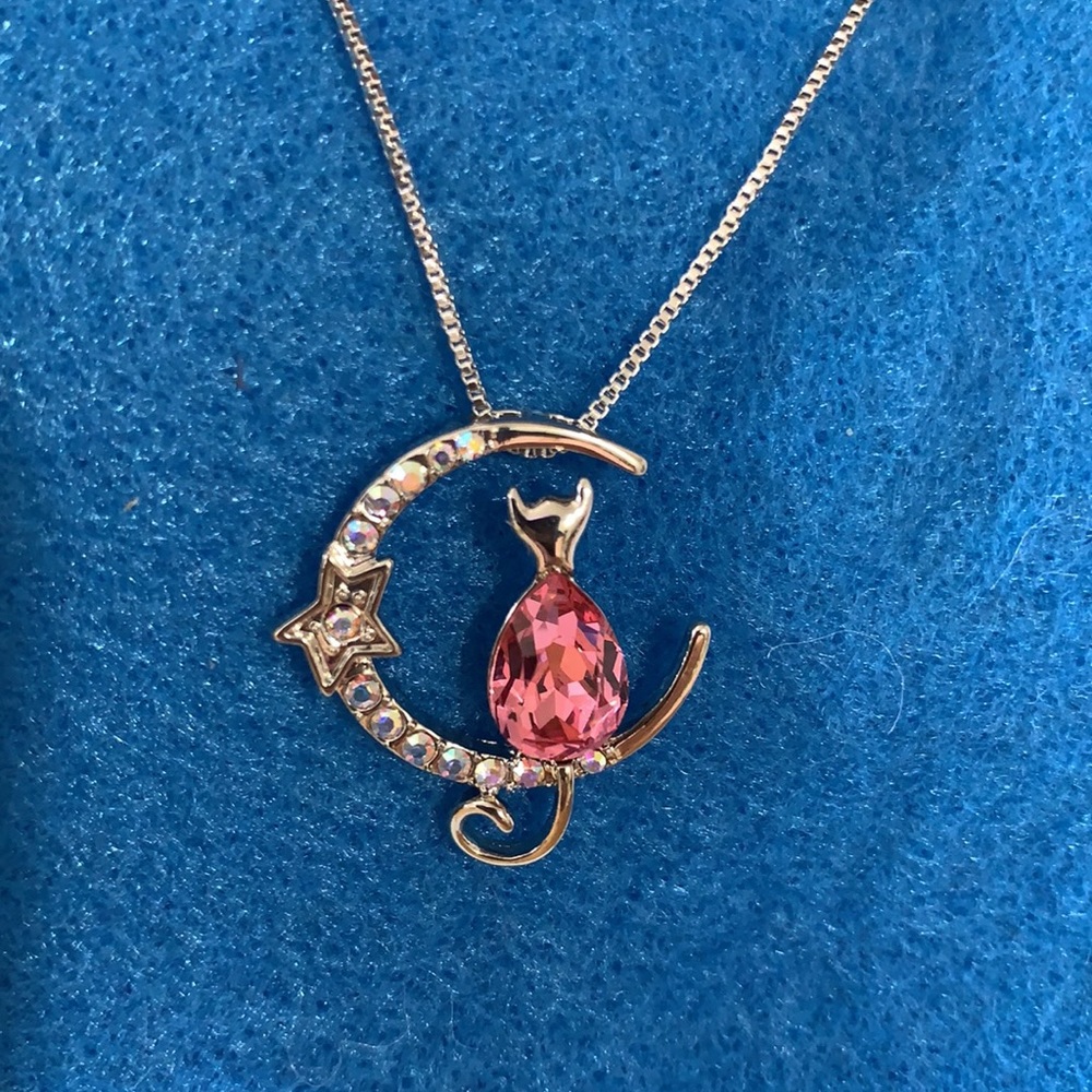 Cat on a Crescent Moon Pendant Necklace - Picture 5 of 11